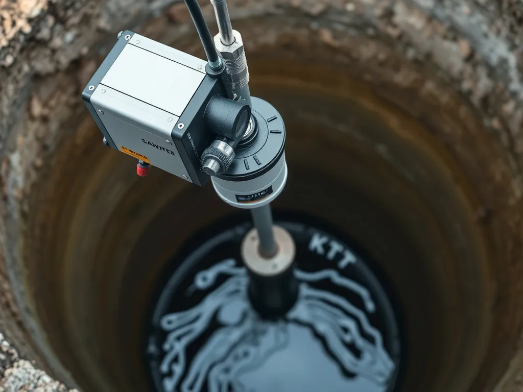 Sophisticated camera technology being lowered into a water well for video inspection, high resolution, detailed imagery, representing modern well inspection techniques