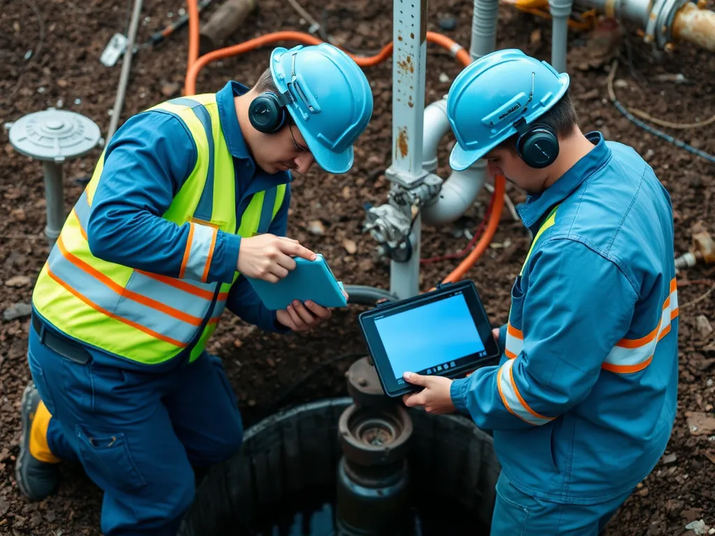 Water well technicians using video logs for proactive maintenance and compliance with industry standards, photorealistic, high quality