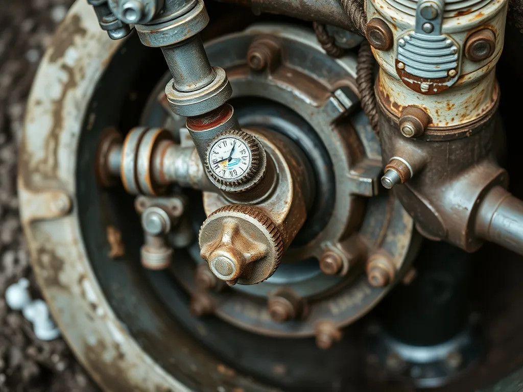 Close-up of a water pump system with detailed mechanics, surrounded by signs of wear and dirt, illustrating potential mechanical issues in water wells