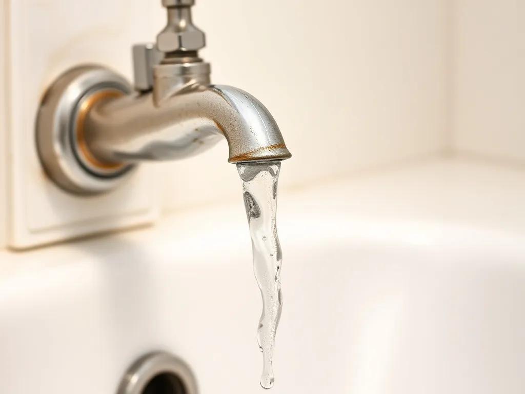 Photorealistic depiction of low water pressure from a household tap, symbolizing reduced water flow, a common sign of water well issues