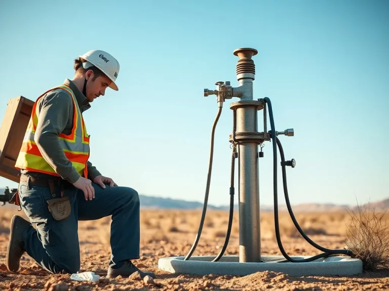 A high-quality, photorealistic image of a worker conducting maintenance on a water well in a desert landscape, showcasing the wellhead, safety equipment, and clear sky, reflecting the importance of water well maintenance in arid regions