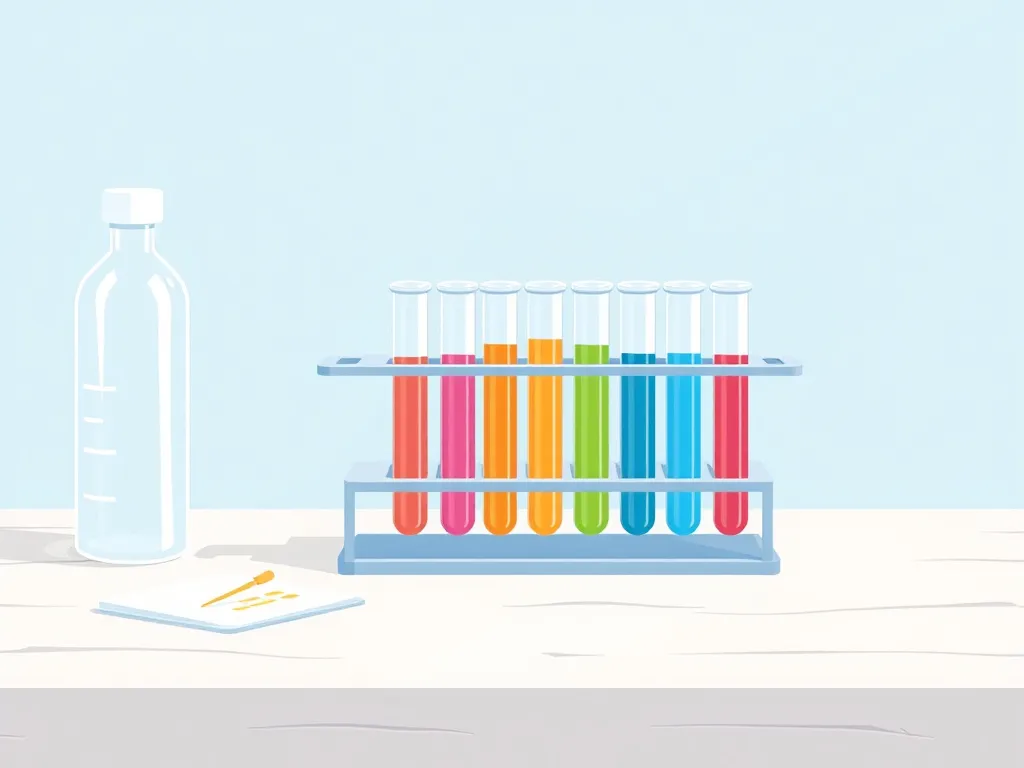 Illustration of a water testing kit with vials and color indicators on a clean table, symbolizing routine water quality checks