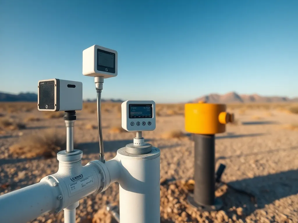Modern IoT sensors attached to water well equipment in a desert setting, reflecting advanced techniques using technology for well care