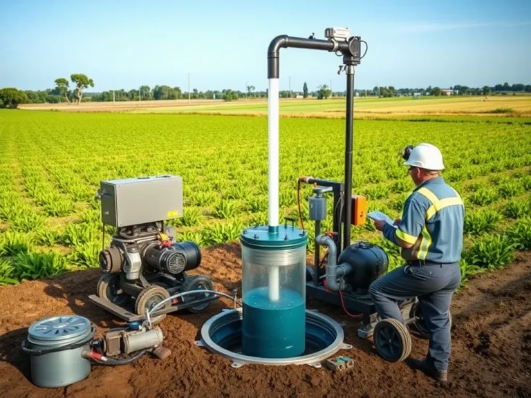 A professional setup for groundwater well pumping test in a rural agricultural setting, showcasing advanced equipment and technicians monitoring the process, photorealistic, high quality, natural lighting.