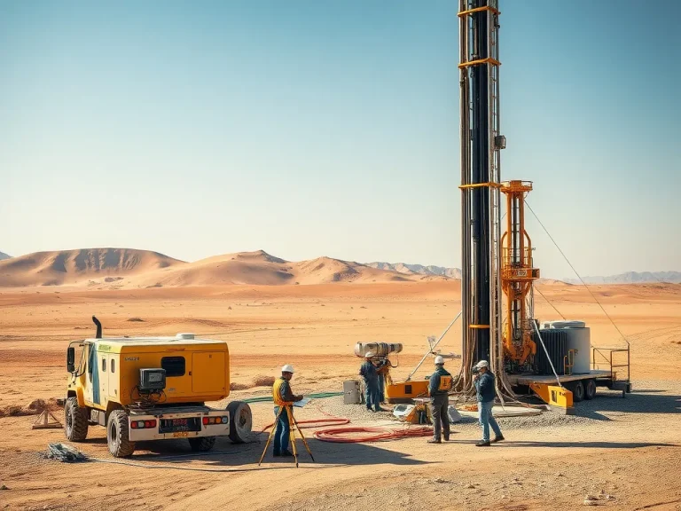 High-quality photorealistic image of a professional well drilling site, showcasing advanced drilling equipment, geological surveys being conducted, and engineers planning the operation in a desert setting, highlighting the scale and complexity involved in accessing groundwater