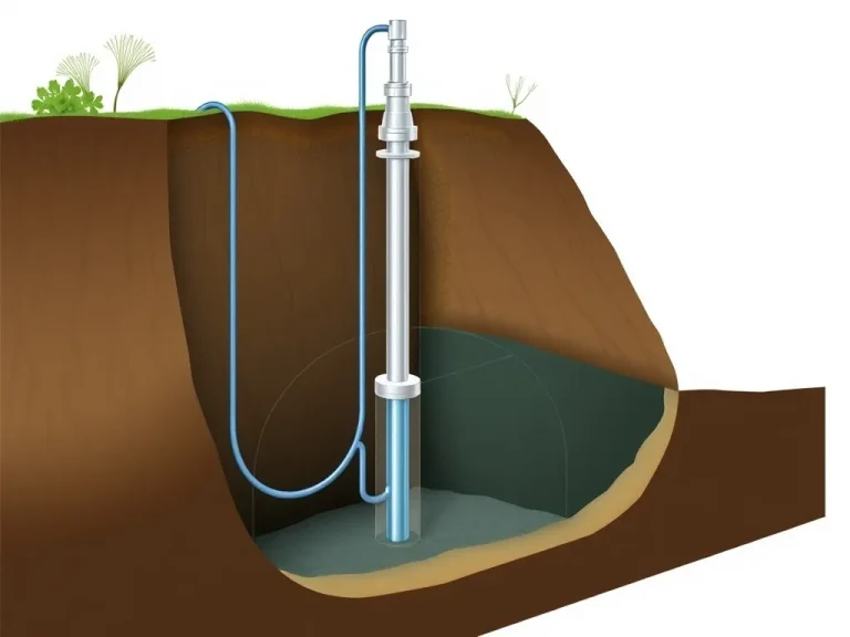 Professional and detailed illustration of a deep well pump installation, showing the pump, cables, and surrounding environment underground, high quality and cutaway view