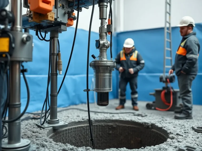 A professional setup of downhole camera inspection in action, photorealistic, high quality, showing a specialized camera being lowered into a water well, with detailed equipment setup and operators observing.