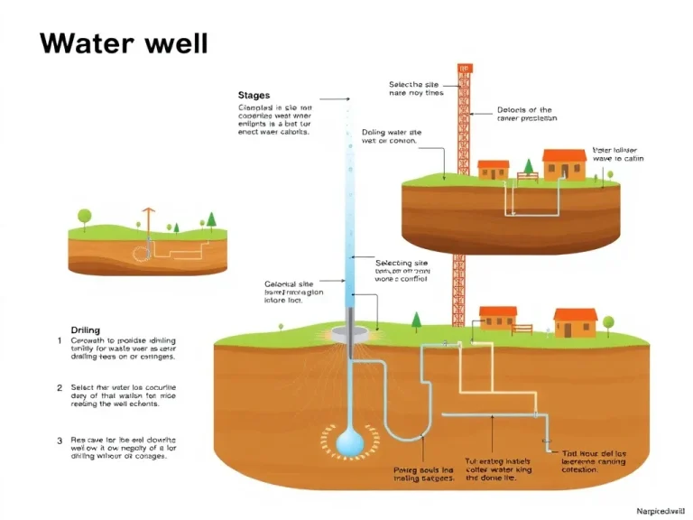 A detailed diagram showing the stages of water well drilling, including geological studies, selecting the site, drilling techniques, and installation processes, photorealistic, high quality, professional illustration, clean background, educational style