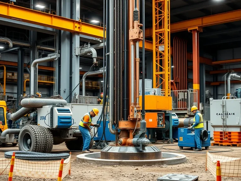 Professional scene of water well drilling with modern equipment, workers in action, industrial setting, high quality, photorealistic