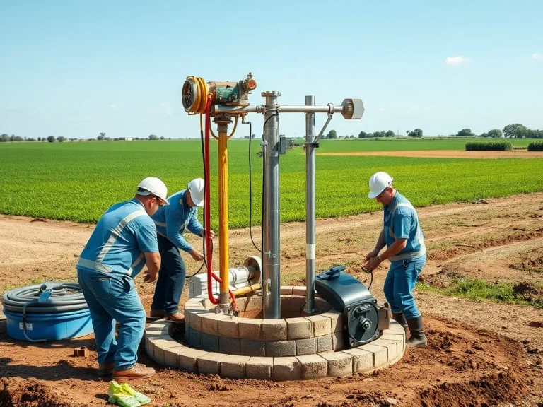 Photorealistic image of a water well maintenance process in a rural setting, showing technicians inspecting and repairing equipment, with clear skies and green agricultural land