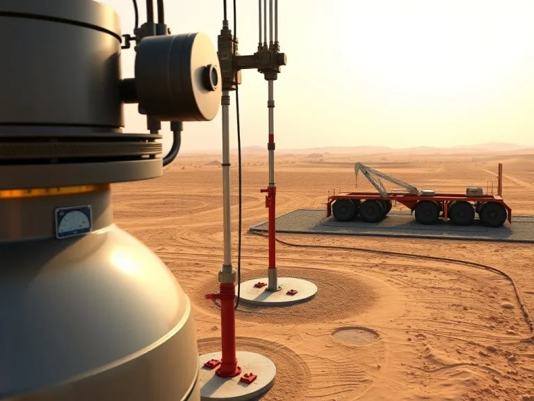 A photorealistic image showcasing the installation of electric submersible pumps (ESP) in an oil field in Saudi Arabia, with a desert landscape in the background, professional lighting, high quality