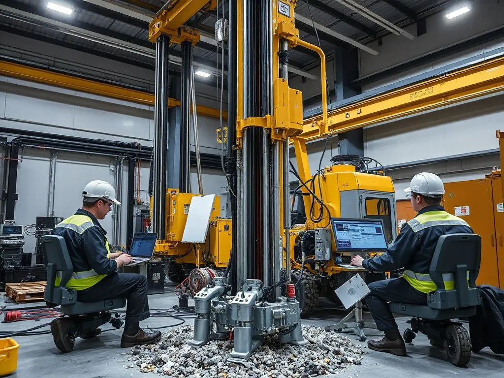 AI-driven water well drilling operations, high-tech machinery, operators using real-time data analysis tools, professional setting, photorealistic AI-driven water well drilling operations, high-tech machinery, operators using real-time data analysis tools, professional setting, photorealistic