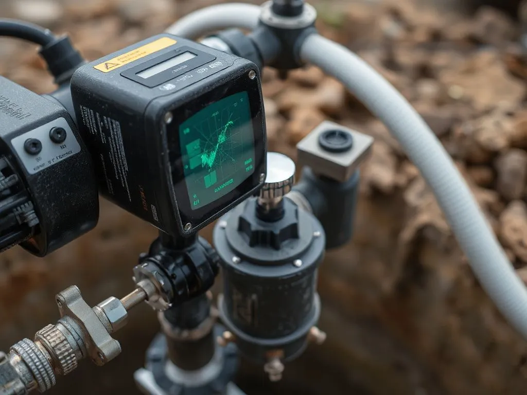 Close-up of predictive model readings on smart sensors and monitoring equipment, detailed, modern technology, AI integration in water well management