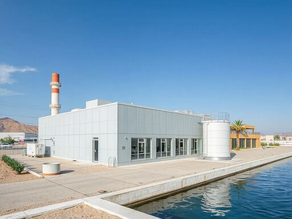 Smart water desalination plant employing AI models, modern architecture, energy-efficient operations, environmental sustainability Smart water desalination plant employing AI models, modern architecture, energy-efficient operations, environmental sustainability